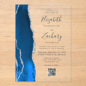 Königsblau Silber Achat QR Code Hochzeit Acryleinladungen (Vorderseite)