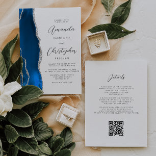 Königsblau Silber Achat QR Code Hochzeit Einladung