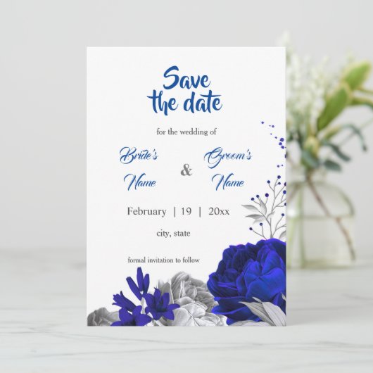 Königsblau silberne Blume botanisch Save the Date Einladung (Stehend Vorderseite)