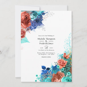 Königsblau, Türkis und Korallen Blumenhochzeit Einladung