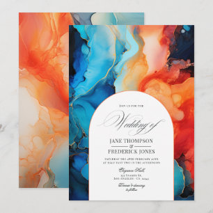 Königsblau, Türkis und Korallenrot Alcohol Ink Hoc Einladung