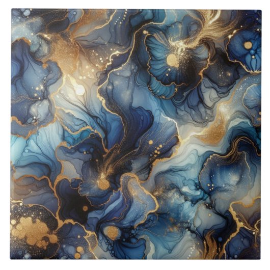Königsblau und Gold Alcohol Ink Fliese (Vorderseite)