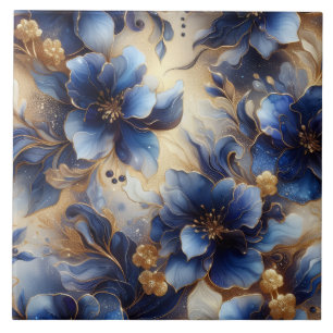 Königsblau und Gold Blumenalkohol-Tinte Fliese