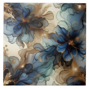 Königsblau und Gold Floral Alcohol Ink Fliese