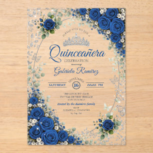 Königsblau und Silber Quinceañera Blaue Rosen Acryleinladungen