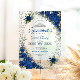 Königsblau und Silber Quinceañera Blaue Rosen Acryleinladungen