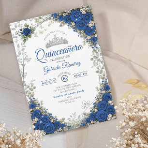 Königsblau und Silber Quinceañera Blaue Rosen Einladung
