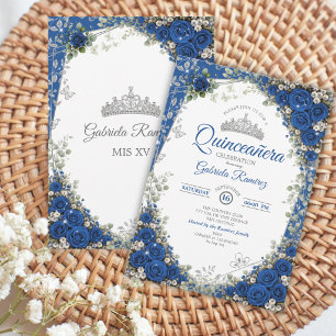 Königsblau und Silber Quinceañera Blaue Rosen Einladung