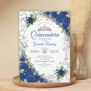 Königsblau und Silber Quinceañera Blaue Rosen Einladung
