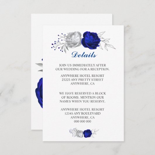 Königsblau und silberne Blume, weiß Details Begleitkarte (Vorne/Hinten)