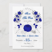 Königsblau und weiße Blume silber botanisch Save The Date (Vorderseite)