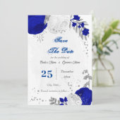 Königsblau und weiße Blume silber Save The Date (Stehend Vorderseite)