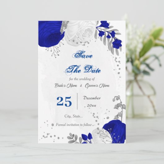 Königsblau und weiße Blume silber Save The Date (Stehend Vorderseite)