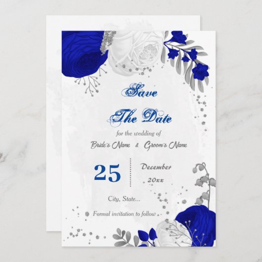 Königsblau und weiße Blume silber Save The Date (Vorne/Hinten)