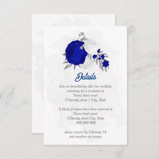 Königsblau und weiße Blume Silberbotanische Hochze Begleitkarte (Vorne/Hinten)