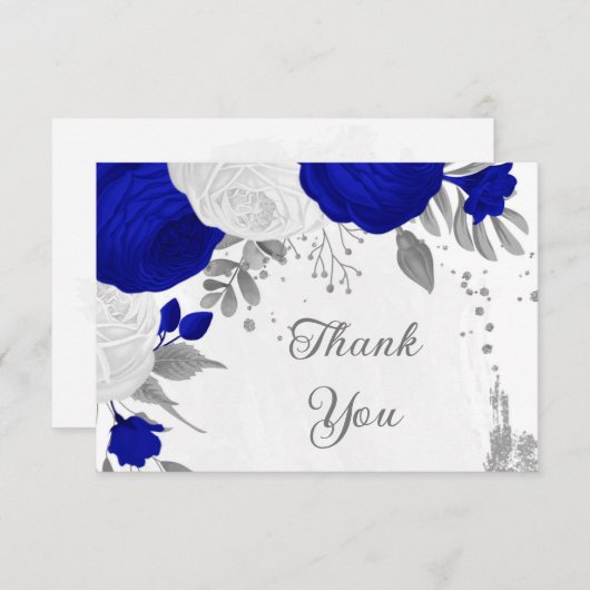 Königsblau und weiße Blume Silberbotanische Hochze Dankeskarte (Vorne/Hinten)