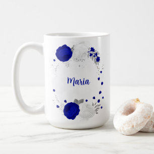 Königsblau und weiße Blume Silberbotanische Hochze Kaffeetasse
