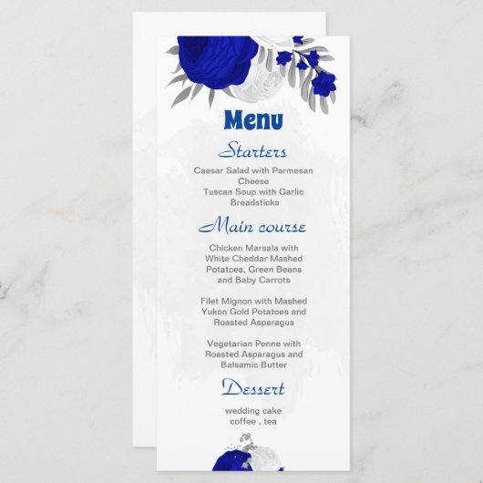 Königsblau und weiße Blume Silberbotanische Hochze Menükarte (Vorne/Hinten)