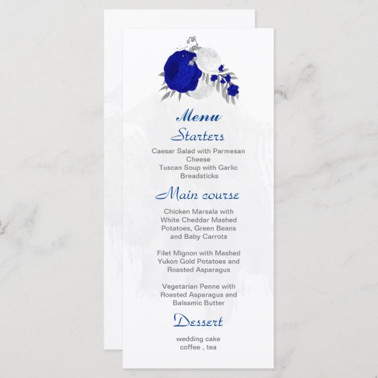 Königsblau und weiße Blume Silberbotanische Hochze Menükarte (Vorne/Hinten)