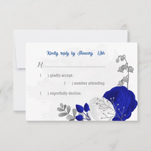 Königsblau und weiße Blume Silberbotanische Hochze RSVP Karte (Vorderseite)