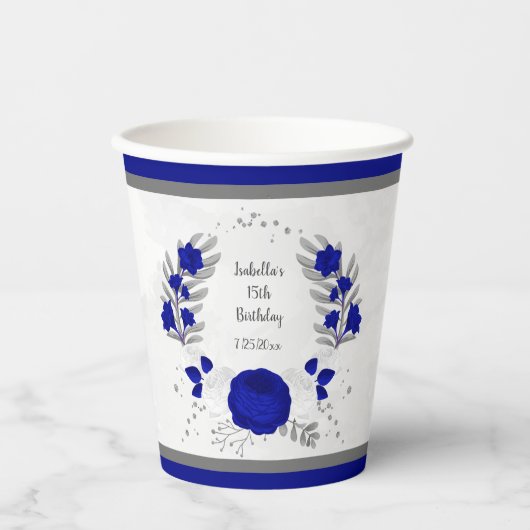 Königsblau und weiße Blume silberner Kranz Pappbecher (Vorderseite)