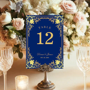 Königsblau Vintage Elegant Falsche Goldfolie Hochz Tischnummer