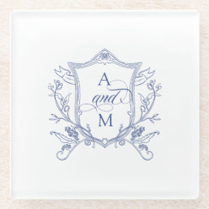 Königsblau Vintage Wappen Hochzeits-Dankeschön Glasuntersetzer