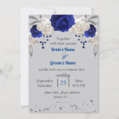 Königsblau-weiße Blume Blätter graue Hochzeit Einladung (Vorderseite)