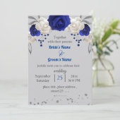 Königsblau-weiße Blume Blätter graue Hochzeit Einladung (Stehend Vorderseite)