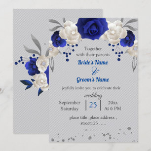 Königsblau-weiße Blume Blätter graue Hochzeit Einladung