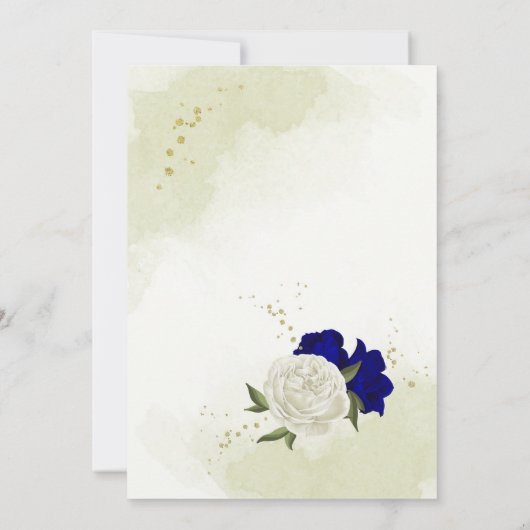 Königsblau, weiße Blume, grüne Blätter Hochzeit Einladung (Rückseite)