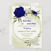 Königsblau, weiße Blume, grüne Blätter Hochzeit Einladung (Vorne/Hinten)