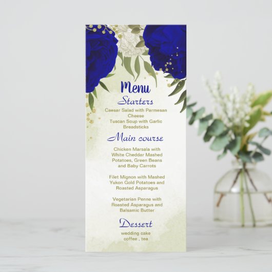 Königsblau, weiße Blume, grüne Blätter Hochzeit Menükarte (Stehend Vorderseite)