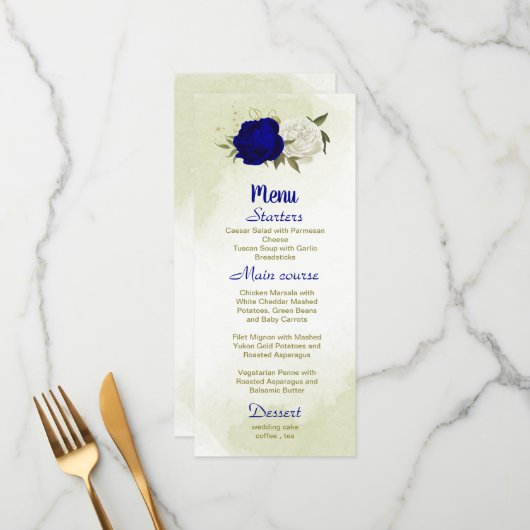 Königsblau, weiße Blume, grüne Blätter Hochzeit Menükarte (Vorderseite/Rückseite Beispiel)
