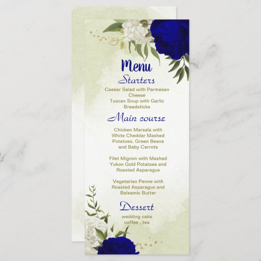 Königsblau, weiße Blume, grüne Blätter Hochzeit Menükarte (Vorne/Hinten)