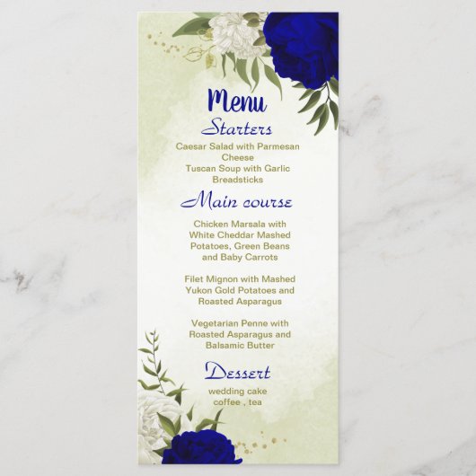 Königsblau, weiße Blume, grüne Blätter Hochzeit Menükarte (Vorderseite)
