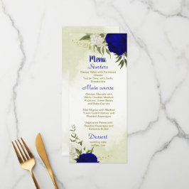 Königsblau, weiße Blume, grüne Blätter Hochzeit Menükarte