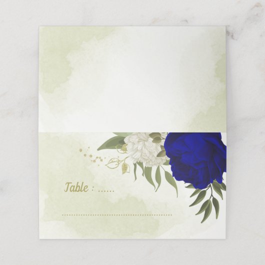 Königsblau, weiße Blume, grüne Blätter Hochzeit Platzkarte (Außenseite Aufgefaltet)
