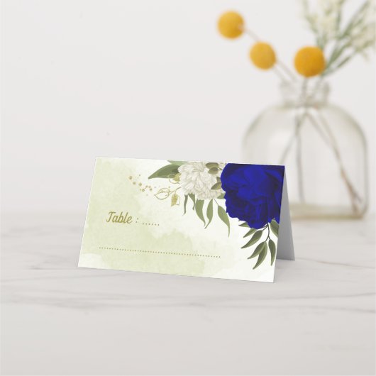 Königsblau, weiße Blume, grüne Blätter Hochzeit Platzkarte (Vorderseite)