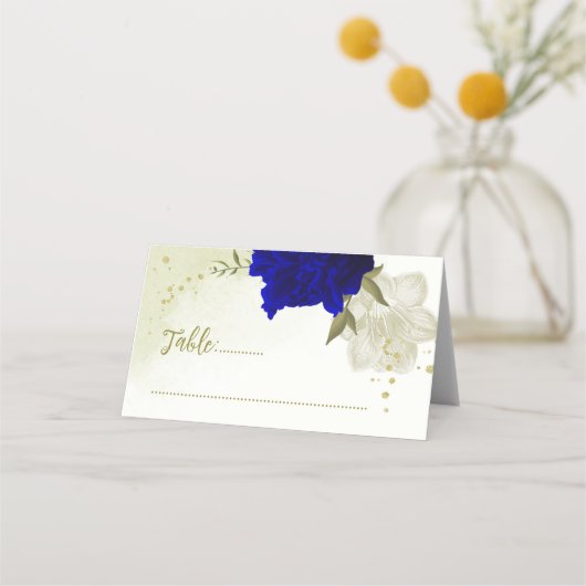 Königsblau, weiße Blume, grüne Blätter Hochzeit Platzkarte (Vorderseite)