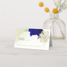 Königsblau, weiße Blume, grüne Blätter Hochzeit Platzkarte