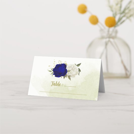 Königsblau, weiße Blume, grüne Blätter Hochzeit Platzkarte (Vorderseite)