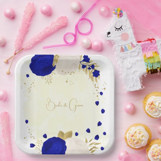 Königsblau-weiße Blume Pappteller (Party)