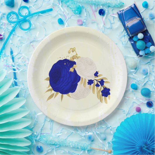 Königsblau-weiße Blume Pappteller (Party)