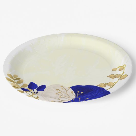 Königsblau-weiße Blume Pappteller (Schrägansicht)