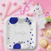 Königsblau-weiße Blume silber Pappteller (Party)