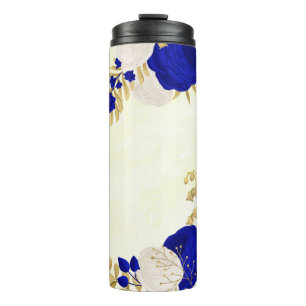 königsblau & weiße Blumen gold botanisch Thermosbecher
