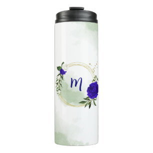 königsblau & weiße Blumen Grün Thermosbecher