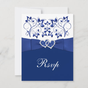 Königsblau, Weiße Blumen, Hochzeit RSVP Herzen Karte