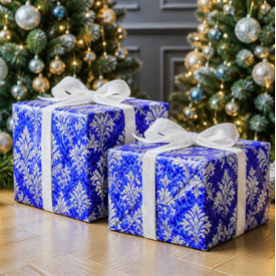 Königsblau-weißer viktorianischer Damast-Weihnacht Geschenkpapier
